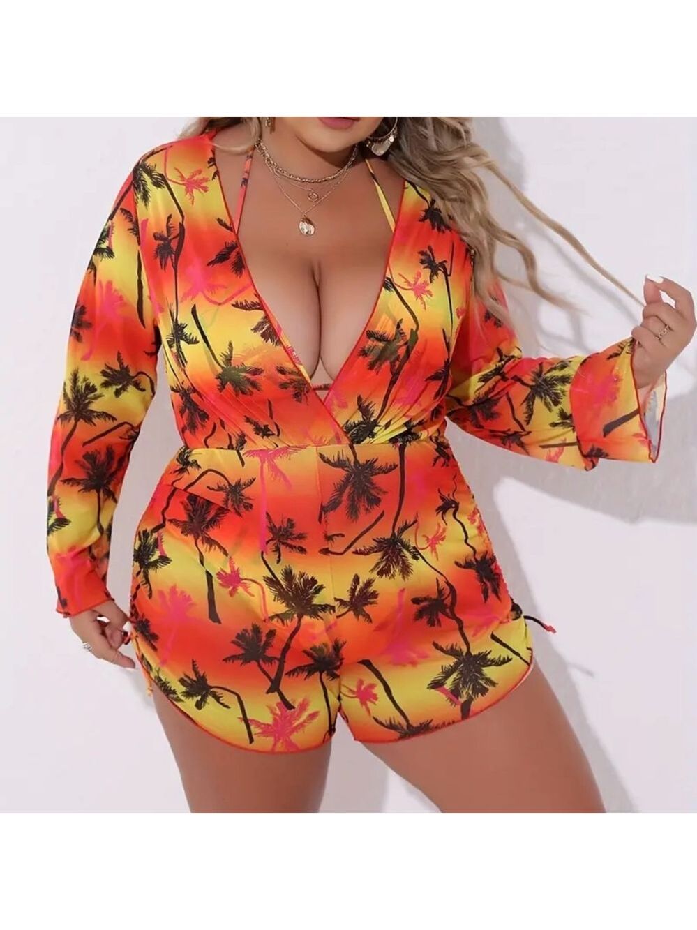 3pc Plus Size Tropical Print Halter Triangle Bikini Set with Cover Up - Picture 10 of 14